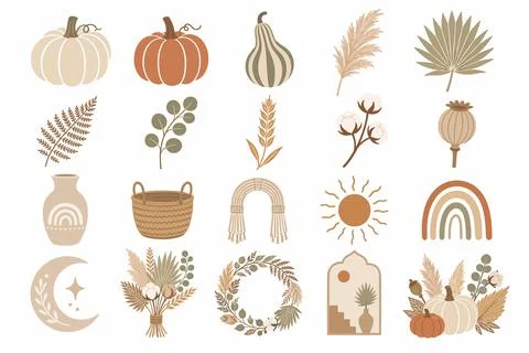 Boho Neutral Pumpkin Pampas and Dried Floral Icon Set Vector Stock Illustration