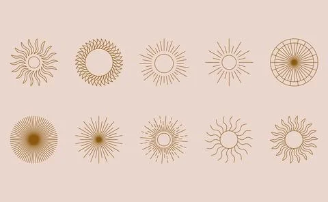Boho or bohemian linear decor design sun logo set template. Geometric icons and Stock Illustration