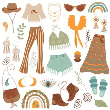 Boho outfits set and different boho elements. Stock Illustration