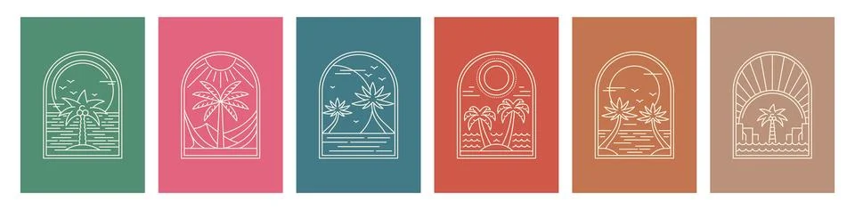 Boho palm tree arc icons, bohemian tropical plants Stock Illustration