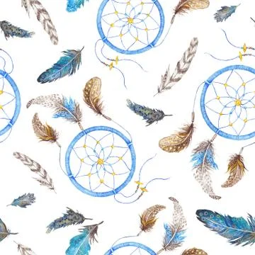 Boho Pattern with Feathers and Dreamcatcher Stock Illustration
