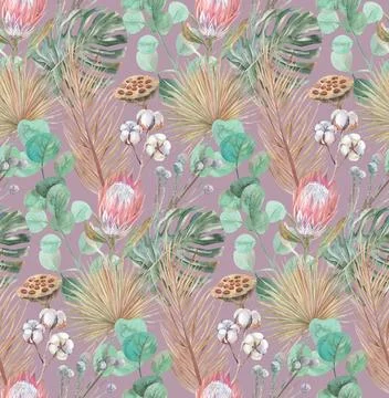 Boho pattern with tropical dried flowers and palm and monstera leaves 스톡 일러스트