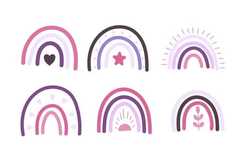 Boho pink rainbow vector collection with heart star and sun 스톡 일러스트