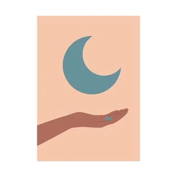 Boho poster. Hand holding moon contemporary minimalist art background, mid Illustrazione stock