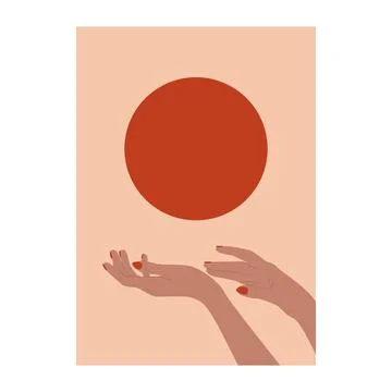 Boho poster. Hand holding sun contemporary minimalist art background, mid Stock Illustration