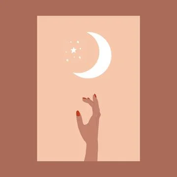 Boho poster. Hands holding moon contemporary minimalist background, mid century Stock Illustration