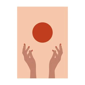 Boho poster. Hands holding sun contemporary minimalist art background, mid Stock Illustration