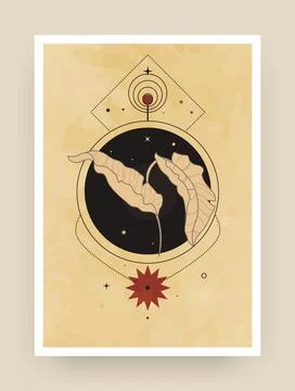Boho poster. Leaves and magic space figures. Astrology star and planets, note Stock Illustration
