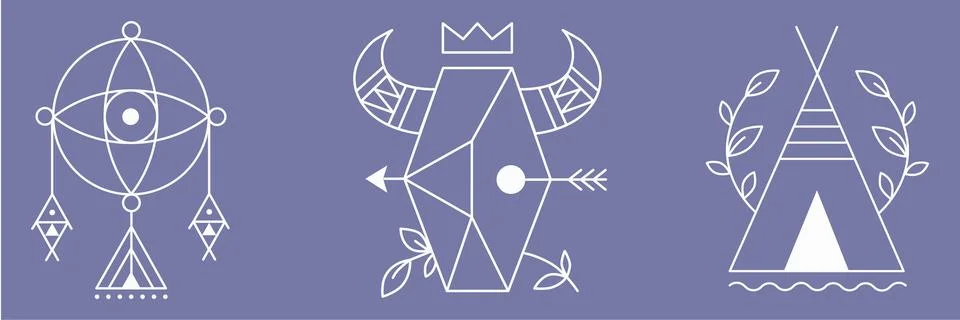 Boho poster. White line elements. Dream catcher, head of a wild animal, shaman Illustrazione stock