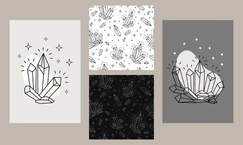 Boho posters and seamless pattern with crystals vector set 스톡 일러스트