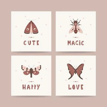 Boho posters collection. Insects with celestial elements. Scandinavian design Illustrazione stock