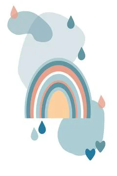 Boho rainbow with abstract clouds and raindrops on a white background. Simple Illustrazione stock