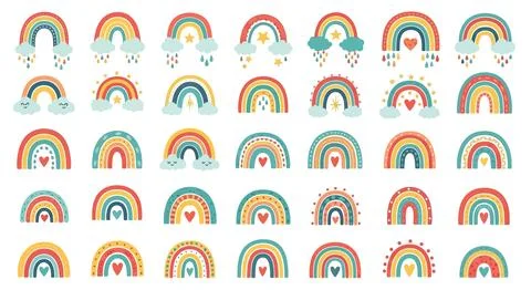 Boho Rainbow Collection: Cute Hand-Drawn Arcs with Clouds, Hearts, Stars イラスト素材