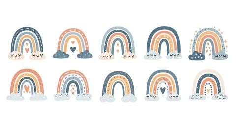 Boho Rainbow Collection: Cute Pastel Rainbows with Hearts and Clouds for Kids イラスト素材
