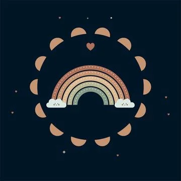 Boho rainbow with moon phases and heart on dark night sky for kids room Stock Illustration
