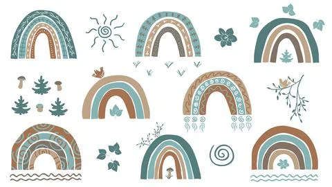 Boho rainbow set with green brown floral pattern Stock Illustration