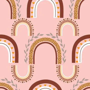 Boho rainbows seamless pattern design on pastel pink background Stock Illustration