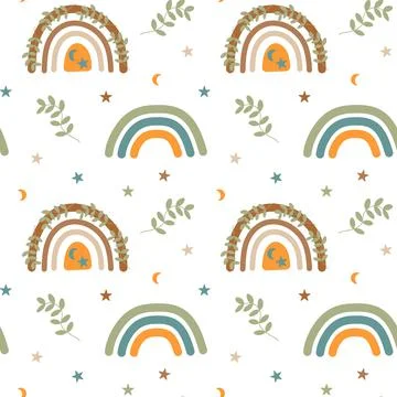 Boho rainbows, twig, star and moon seamless pattern. Scandinavian design back Stock Illustration