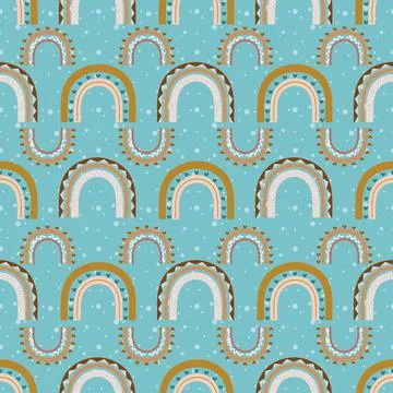 Boho rainbows vector repeat pattern on turquoise background Stock Illustration