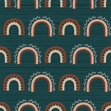 Boho rainbows vector repeat pattern on dark green background Stock Illustration