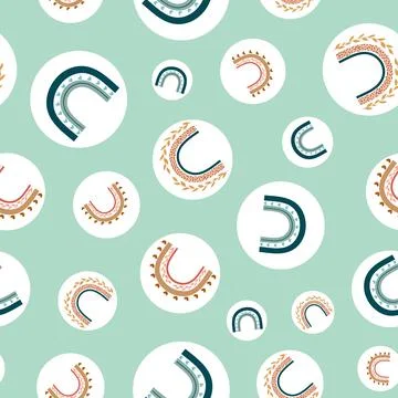 Boho rainbows vector repeat pattern on green background Stock Illustration