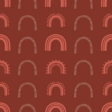Boho rainbows vector repeat pattern on terracota background Stock Illustration