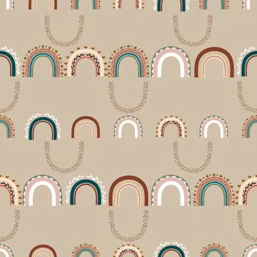 Boho rainbows vector repeat pattern on light brown background Stock Illustration