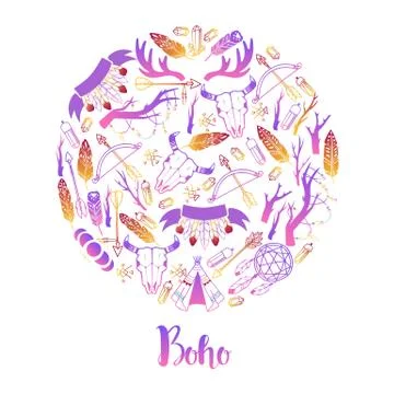 Boho round pattern vector illustration. Dream catcher amulet, scull, plants such Stock Illustration