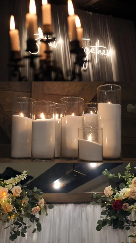 Boho-rustic decor. Decorations for a festive wedding ceremony. Collage, multi Stock Footage 319852383