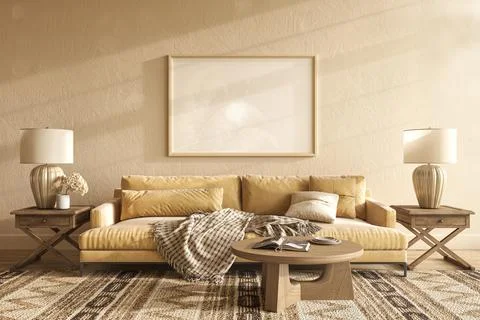 Boho scandi interior design living room. Mockup picture frame on empty wall. 3d Stock Illustration