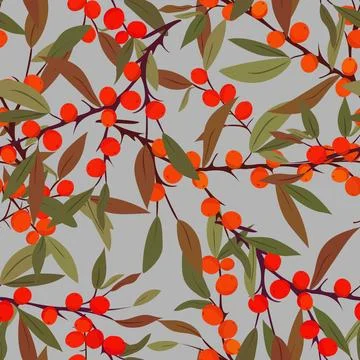 Boho seamless autumn pattern: green leaves, red and orange sea buckthorn be.. Stock Illustration