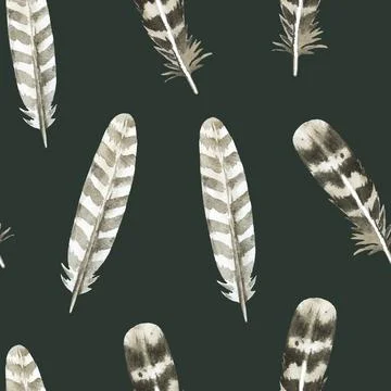 Boho seamless pattern with brown watercolor painted feathers. Original Stock Illustration