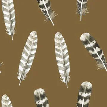 Boho seamless pattern with brown watercolor painted feathers. Original 스톡 일러스트