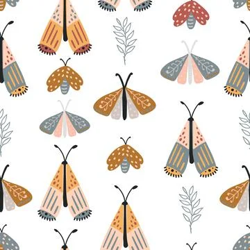 Boho seamless pattern with butterfly or moth Stock Illustration