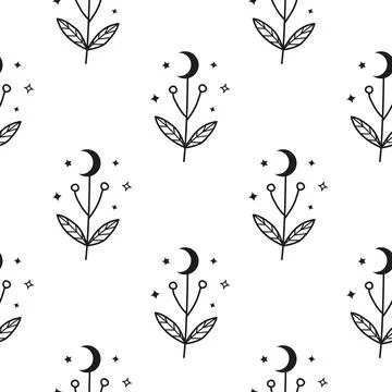 Boho seamless pattern with celestial moon flowers. Stock Illustration