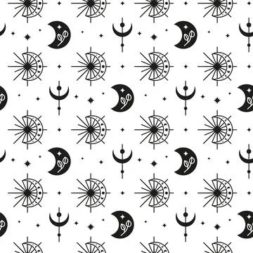 Boho seamless pattern with crescent moon and stars. Stock Illustration