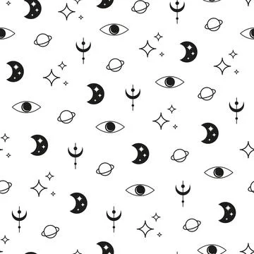 Boho seamless pattern with crescent moon, third eye, planet and stars. 스톡 일러스트