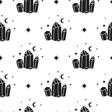 Boho seamless pattern with crystals, stars and crescents. Stock Illustration