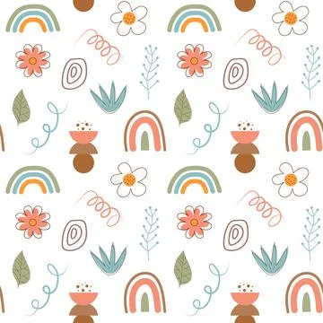 Boho seamless pattern. Cute flowers, rainbows and abstract shapes background. Illustrazione stock