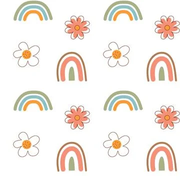 Boho seamless pattern. Cute flowers and scandinavian rainbows background. 스톡 일러스트