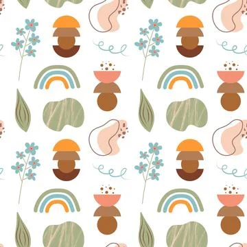 Boho seamless pattern. Cute flowers, rainbow and abstract shapes background. Stock Illustration