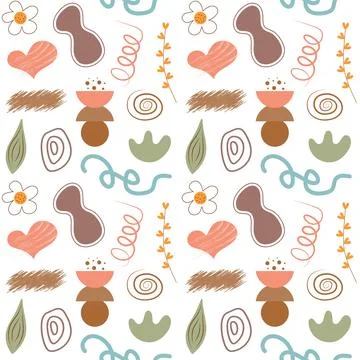 Boho seamless pattern. Cute flowers, heart and abstract shapes background. Illustrazione stock