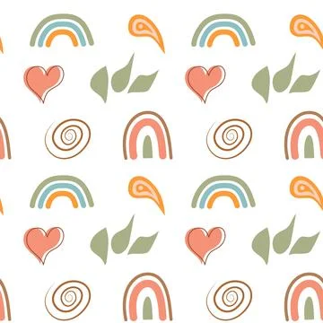 Boho seamless pattern. Cute rainbows, heart and abstract shapes background 스톡 일러스트
