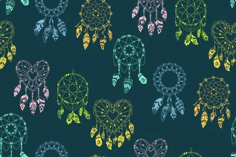 Boho seamless pattern dreamcatcher feathers vector Illustrazione stock