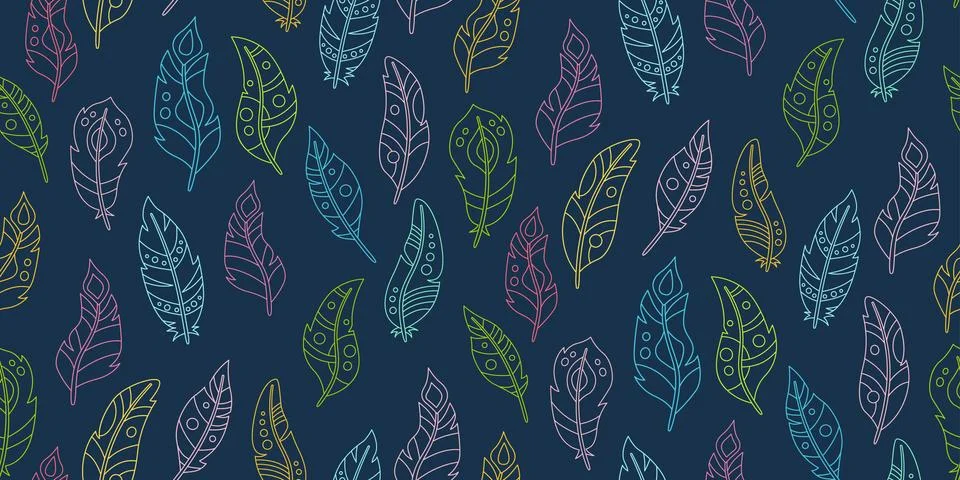 Boho seamless pattern feather outline cartoon Stock Illustration