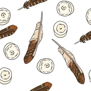 Boho seamless pattern with feathers and candles. Cozy template of stock illus Stock Illustration
