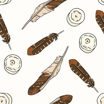 Boho seamless pattern with feathers and candles. Cozy template of stock illus Stock Illustration