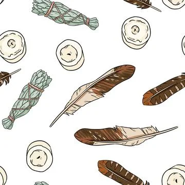 Boho seamless pattern with feathers, candles and sage smudge sticks bundles. Stock Illustration