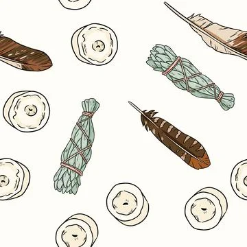 Boho seamless pattern with feathers, candles and sage smudge sticks bundles. Stock Illustration
