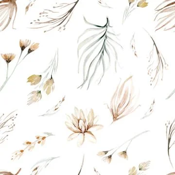 Boho seamless pattern watercolor elements of savanna gold flowers collection Stock Illustration